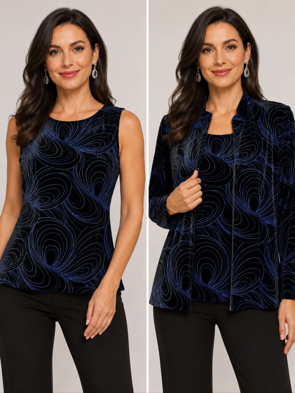 R & K Evening Black Velvet Cardigan Tank Set Blue Glitter 2 Piece Size 8